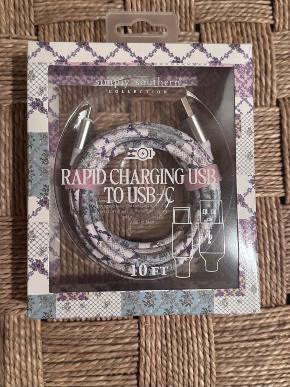 10ft Floral White and Pink Braided Charging Cable